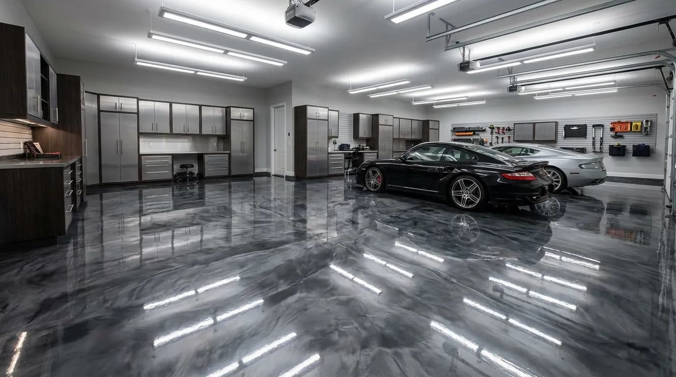 Glossy metallic epoxy garage floor