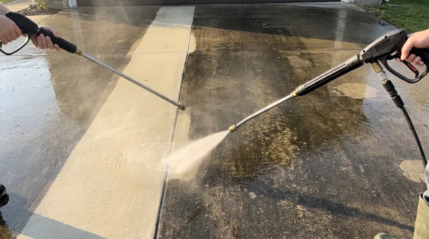 Pressure washing transformation on a driveway