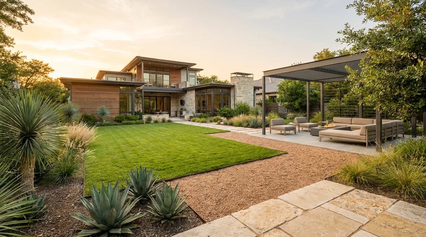 Modern Austin backyard landscape at golden hour